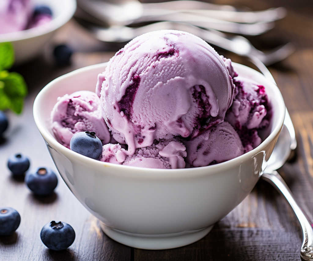 Scoops of blueberry ice cream in a white bowl.