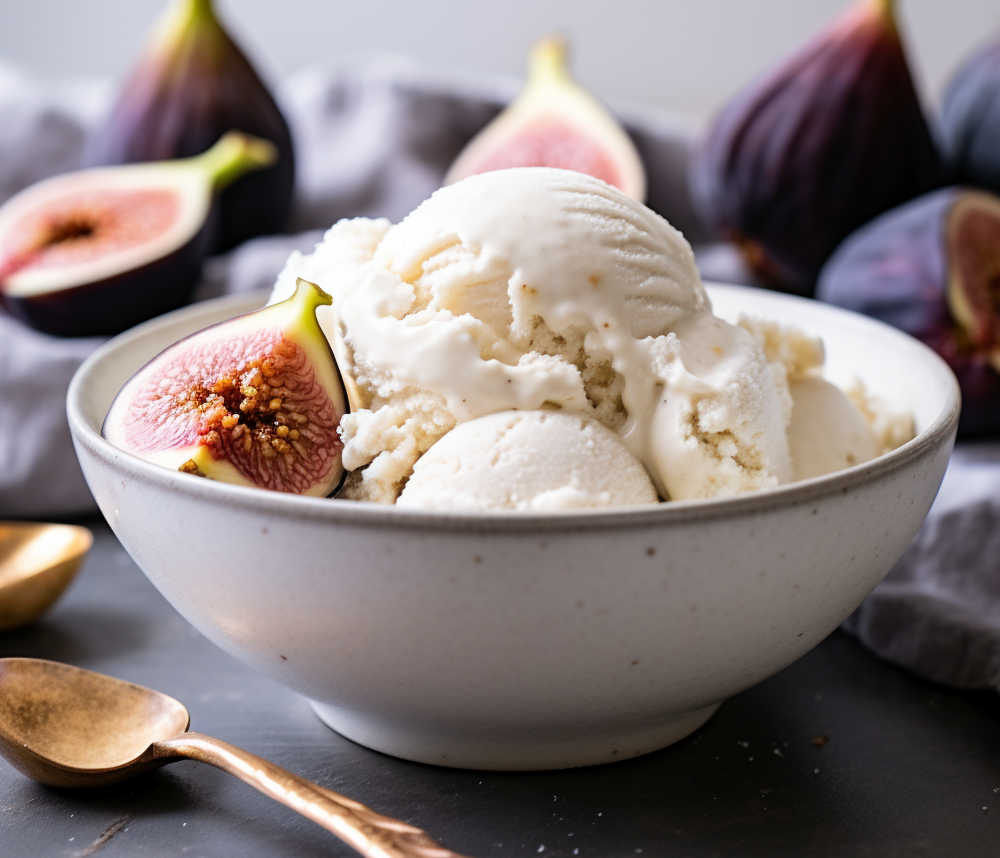 A bowl of fig ice cream and sliced figs.
