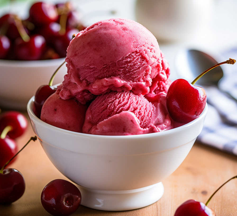 Homemade cherry sorbet in a bowl.