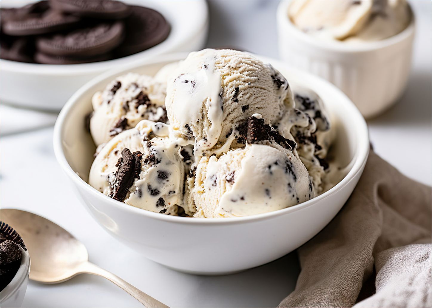 A bowl of cookies and cream ice cream on a table.