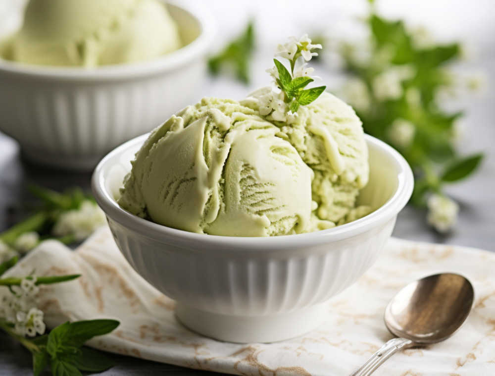 Scoops of matcha green tea ice cream in a white bowl.