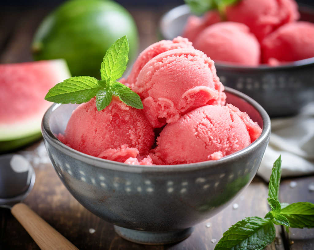 A bowl of watermelon sorbet with a mint garnish.