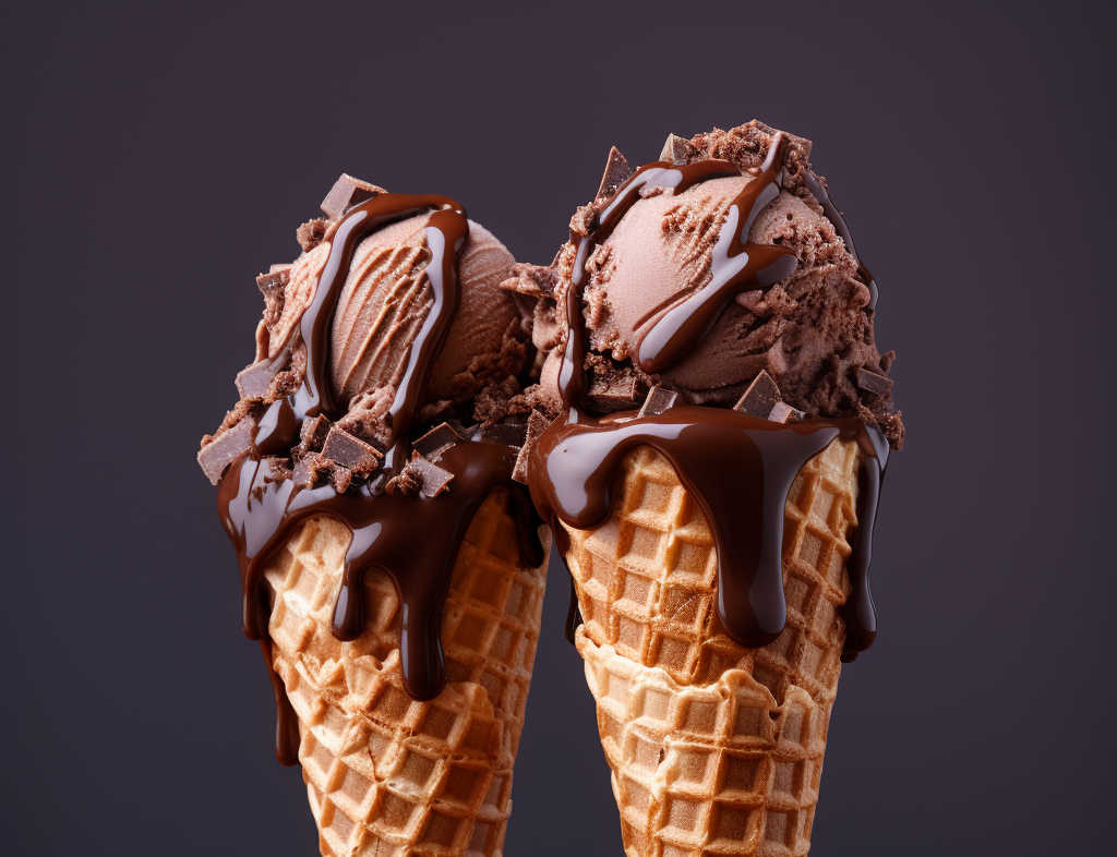 Two waffle cones with scoops of chocolate ice cream and sauce.