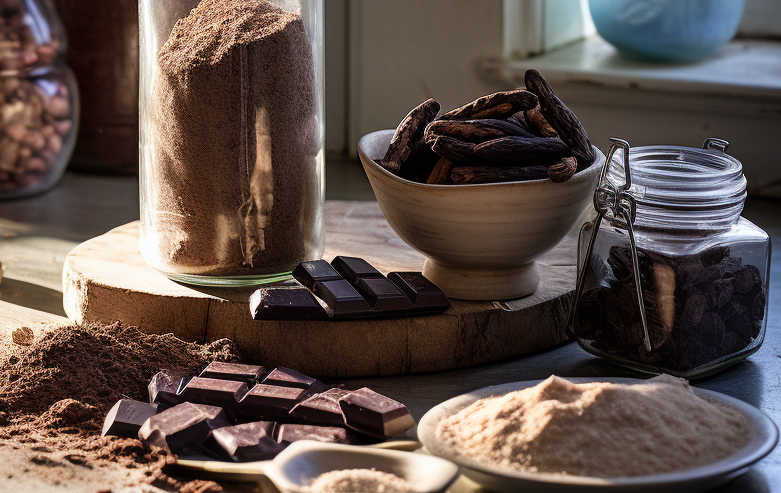 A kitchen countertop with dark chocolate and cocoa ready to make ice cream.