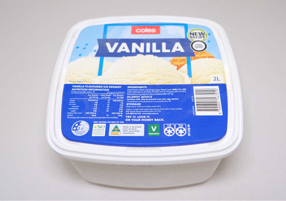 Front of pack shot of Coles Vanilla Ice Cream 2L.