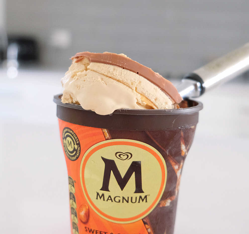 Closeup of a scoop of Almond Remix by Magnum.