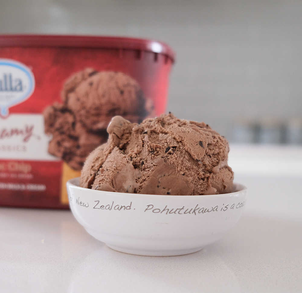 A bowl of Creamy Classics Choc Chip Ice Cream.