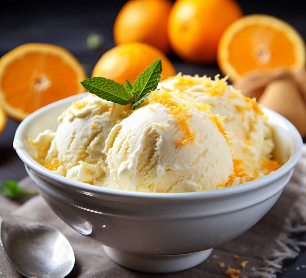 A bowl of homemade orange ice cream with fresh oranges in the background.